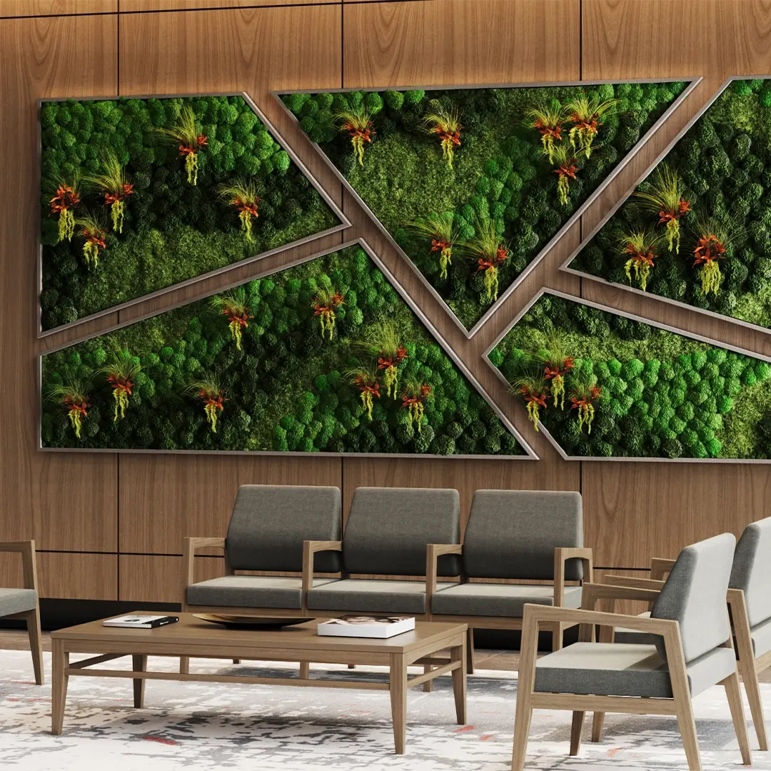 Preserved moss wall with a variety of green moss and integrated folia by Quiet Earth Moss.